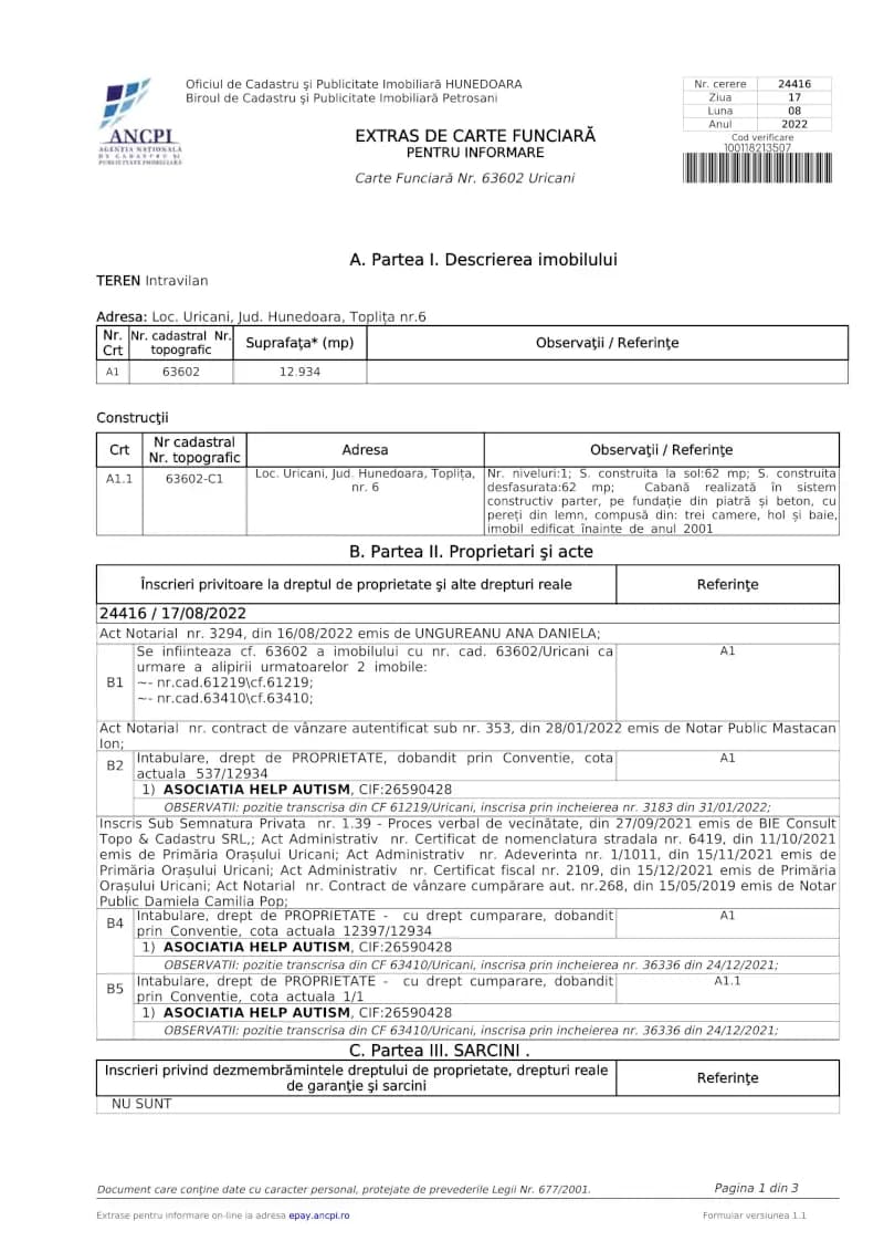 Model orientativ de extras de carte funciară pentru informare. Datele și numărul de pagini diferă în funcție de imobil.