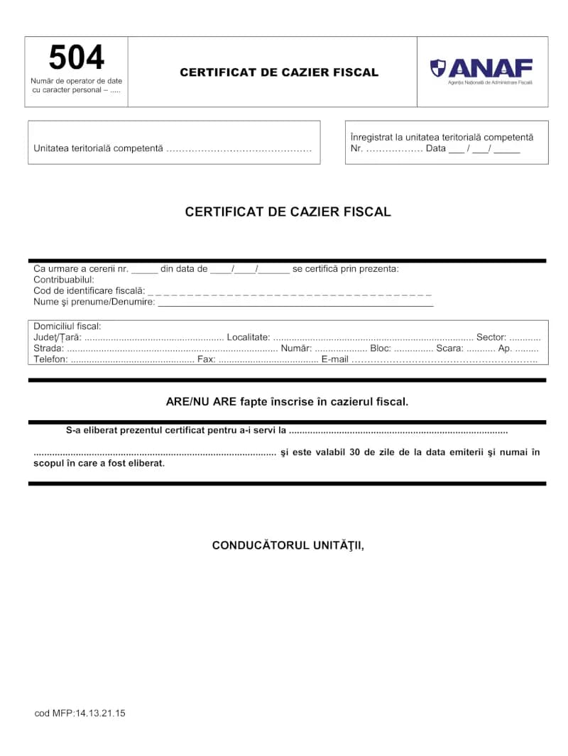 Model orientativ de cazier fiscal. Prin email primești un PDF scanat; originalul se livrează opțional prin curier.