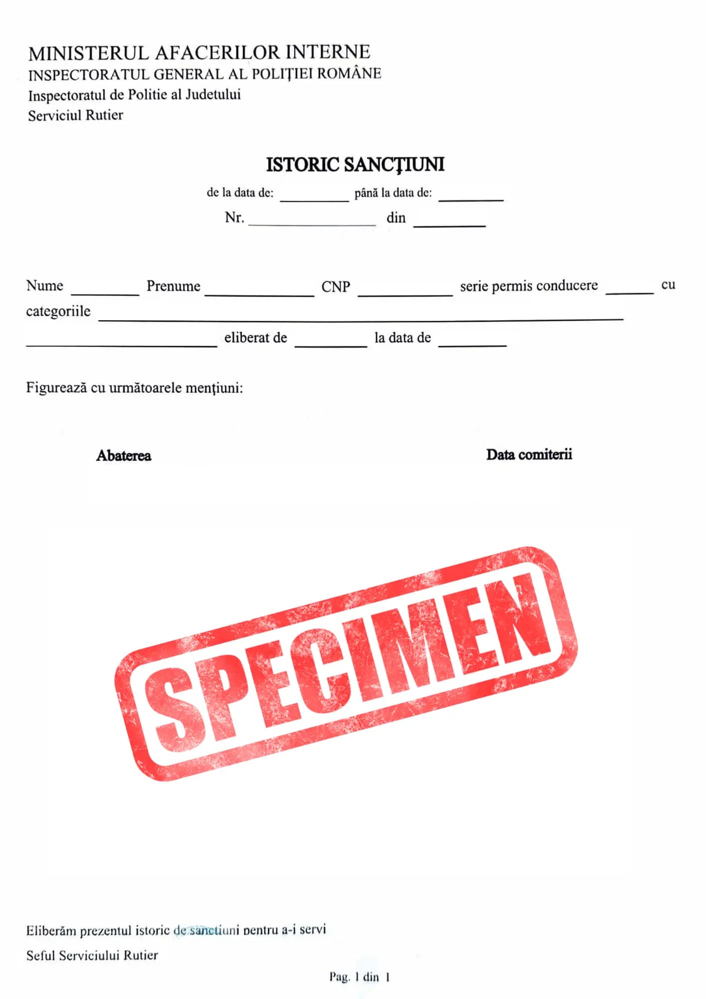 Model orientativ de istoric al sancțiunilor rutiere. Documentul privește șoferul, nu istoricul tehnic al mașinii.