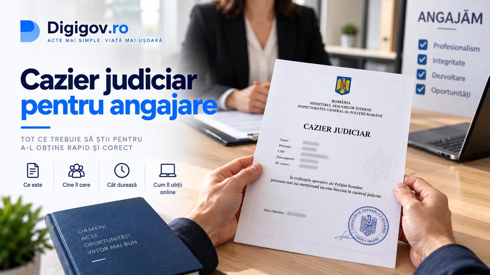 Certificat de cazier judiciar așezat într-un dosar de angajare, pe biroul unui angajator