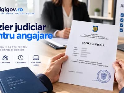 Certificat de cazier judiciar așezat într-un dosar de angajare, pe biroul unui angajator